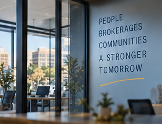 A brokerage office with the words People, Brokerages, Communities, A Stronger Tomorrow on the wall